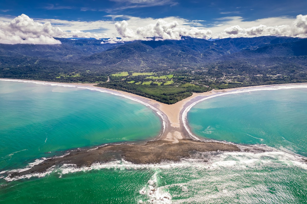 The whale-tail sandbar at Marino Ballena National Park in Uvita, Costa Rica