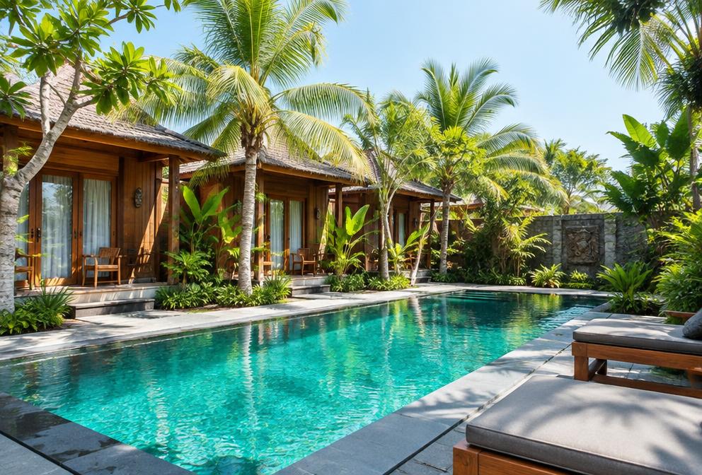 Illustration of a Bali guesthouse with wooden rooms and a tropical pool