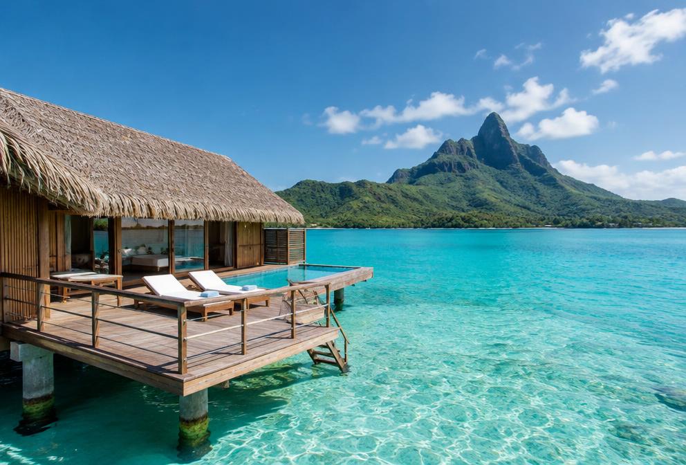 Illustration of a Bora Bora overwater villa with a private lagoon deck