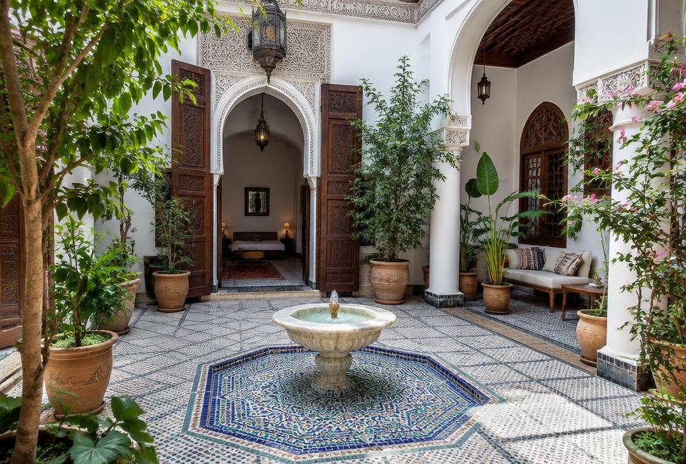 Illustration of a Marrakech riad courtyard with a mosaic fountain