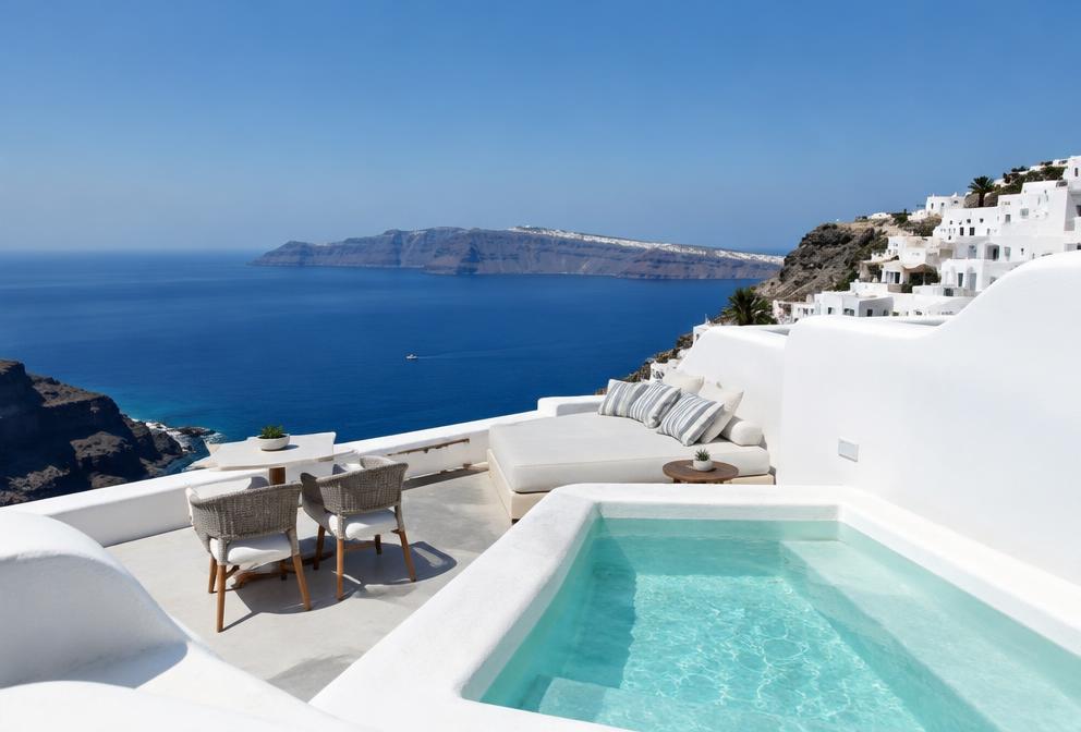 Illustration of a Santorini suite terrace overlooking the caldera