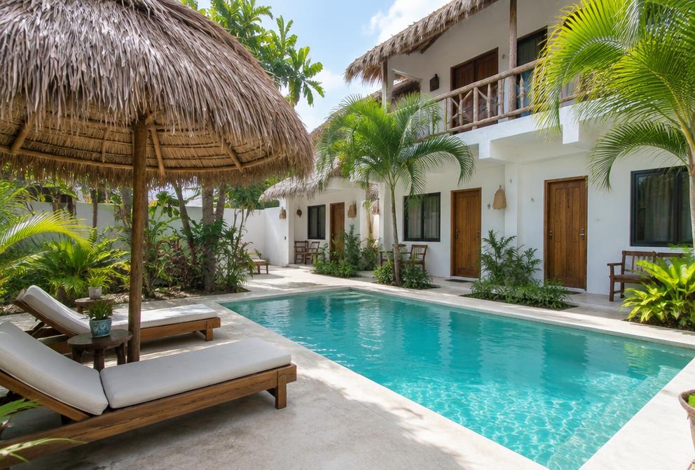 Illustration of a Tulum inn with a pool and thatched sunshade