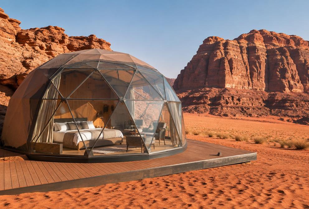 Illustration of a Wadi Rum desert dome suite beneath sandstone cliffs