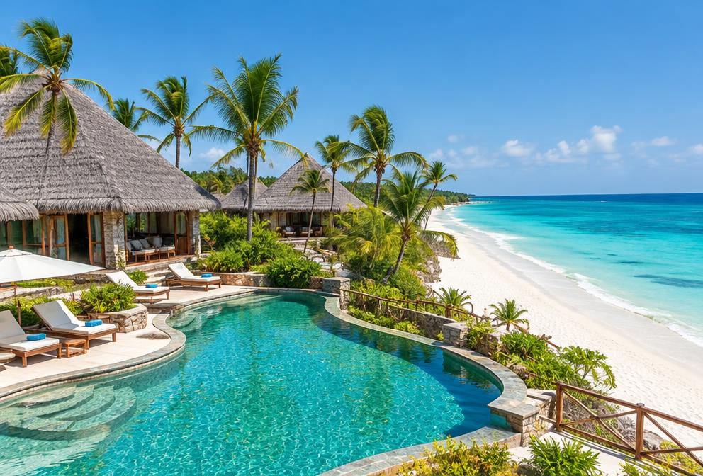 Illustration of a Zanzibar beach lodge beside the turquoise ocean